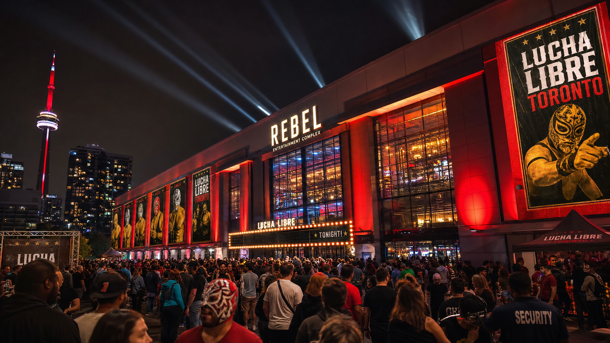 Lucha Libre Fan Expo event venue in Toronto Ontario - large modern arena with dramatic lighting for live Mexican wrestling events